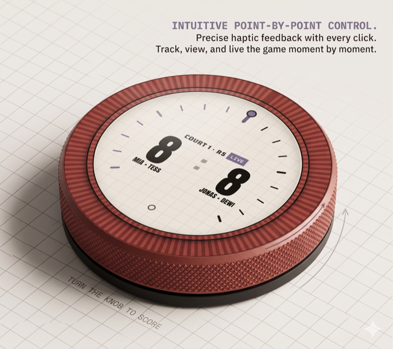 Padlano Puck — a round knurled scoring device with a knob screen reading 8 to 8, on grid paper